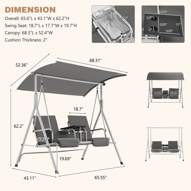 Outdoor Swing with Stand, Canopy, Pivot Table & 2 Cup Holders - Patio, Balcony, Bedroom