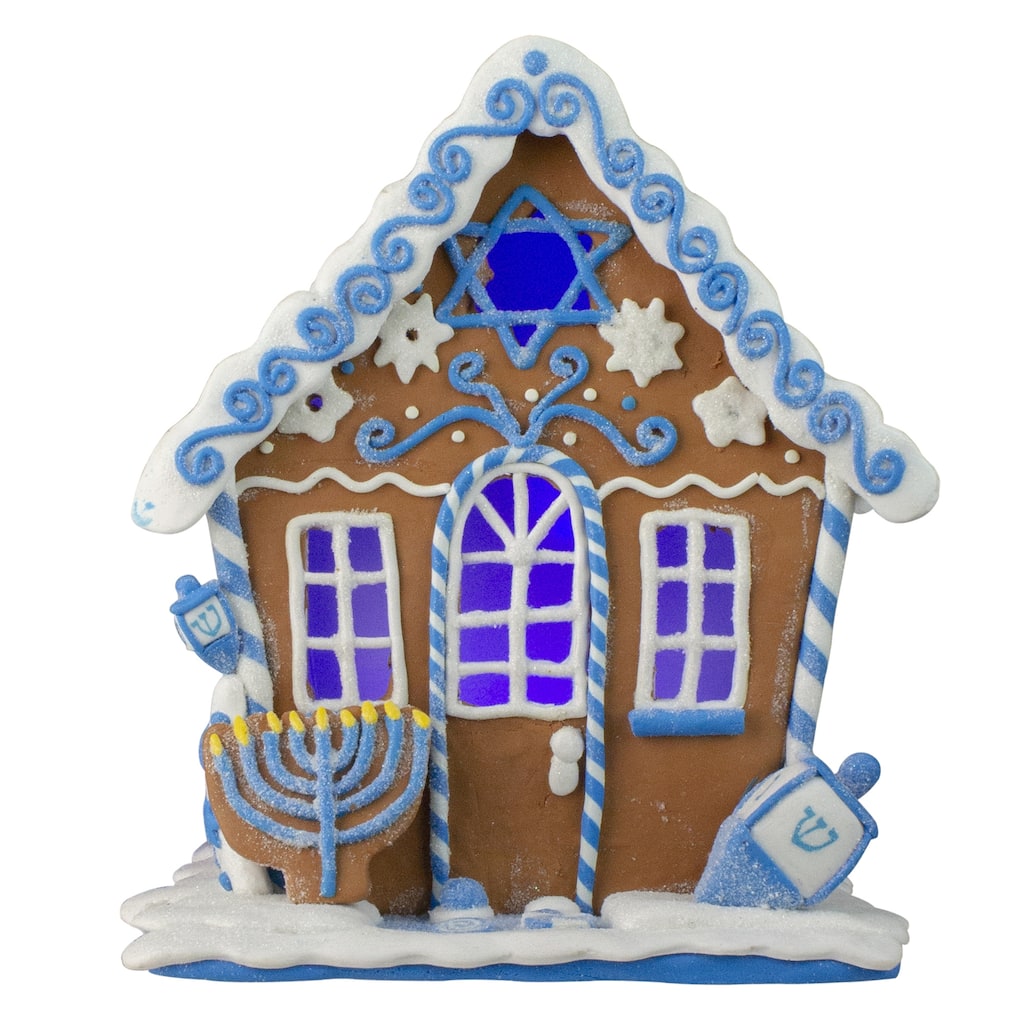 8" White Blue Festive Hanukkah Gingerbread LED House Tabletop Decor