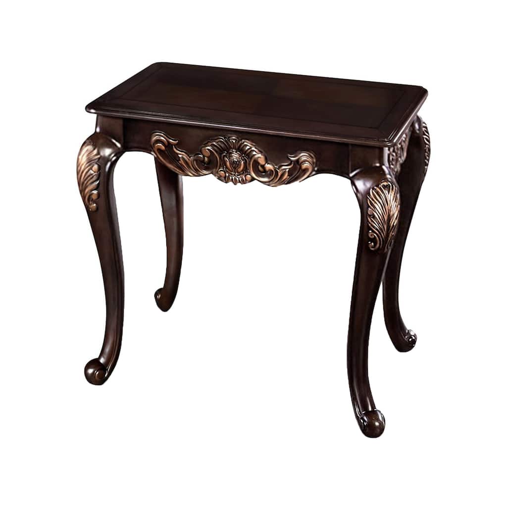 Astor End Table, 29 Inch Dark Cherry Brown Wood, Carved Details