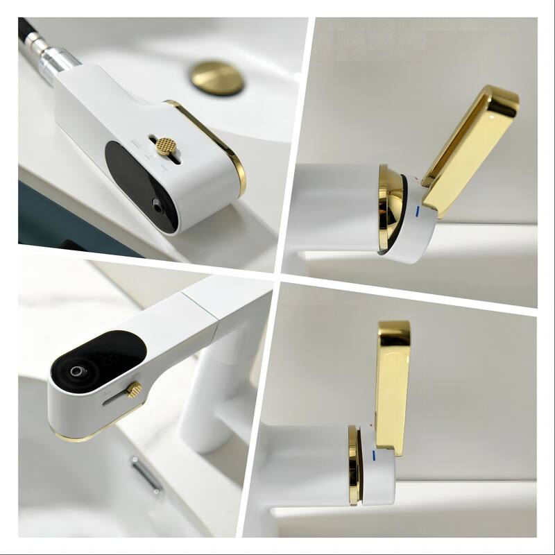Modland 4-Way LED Pull Out Bathroom 7''-13''H Liftable Faucet Single Hole in White/ Chrome
