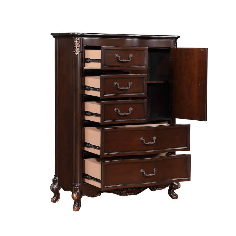 Leon 56 Inch Tall Dresser Chest, 5 Drawer, Cabinet, Grooved, Gold, Brown