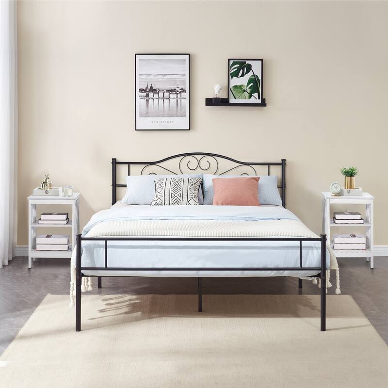 Taomika 3-Pieces Bed Frame and Modern Nightstands Sets - White - Full