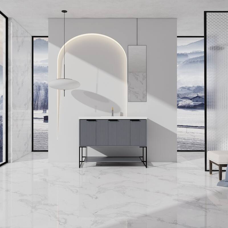 48 inch Rock Grey Plywood Freestanding Bathroom Vanity Set with Open shelf and Integrated Resin Sink
