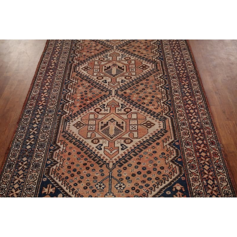 Geometric Bakhtiari Persian Vintage Rug Handmade Orange Wool Carpet - 4'11" x 10'0"