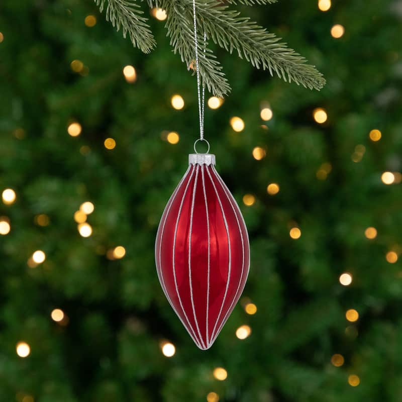 5" Shiny Red White Glittered Striped Glass Finial Christmas Ornament