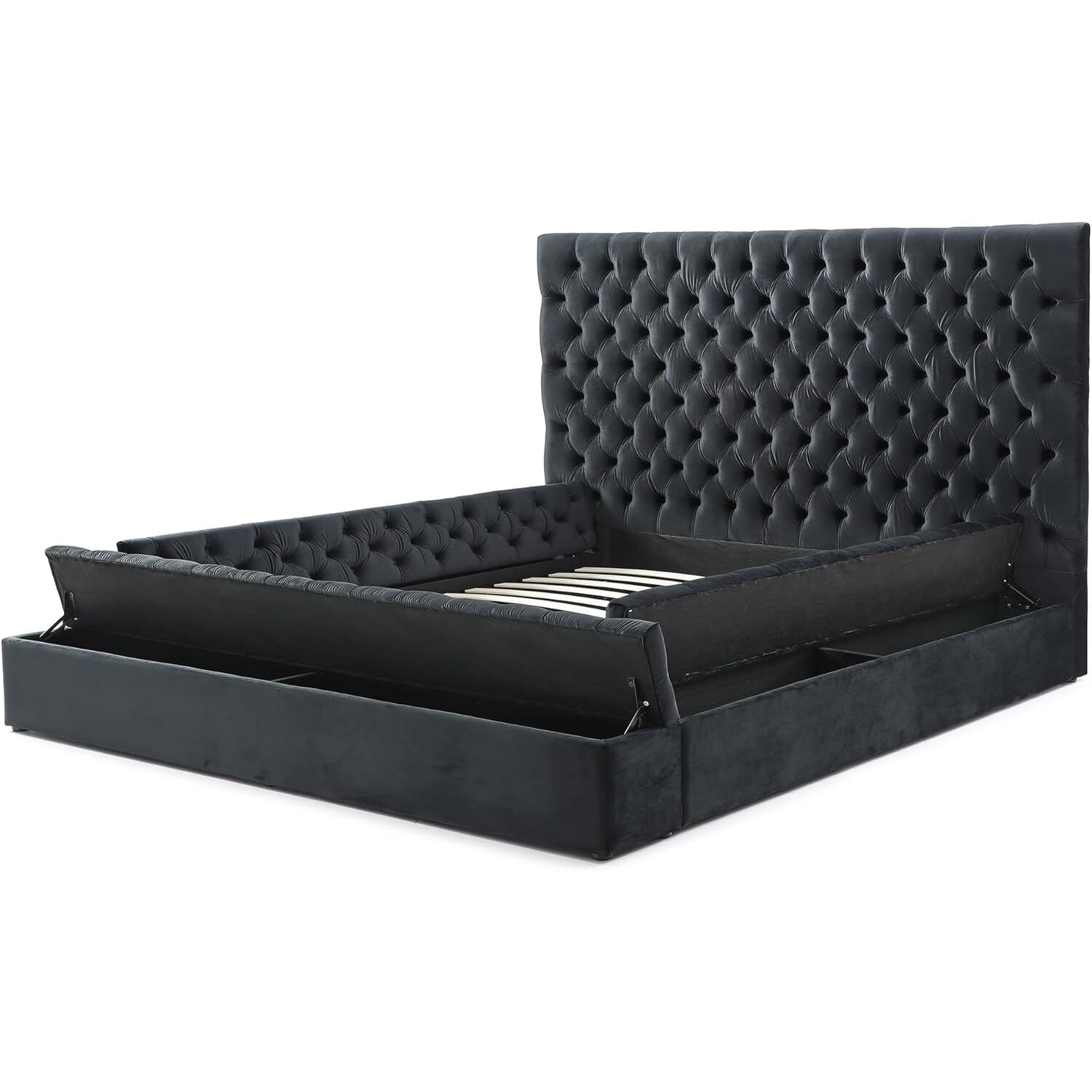Velvet Tufted Bed with Storage & Headboard - Black Upholstered Platform Bed Frame - Sturdy Wood & Metal - 500lb Capacity