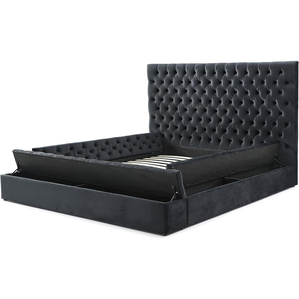 Velvet Tufted Bed with Storage & Headboard - Black Upholstered Platform Bed Frame - Sturdy Wood & Metal - 500lb Capacity