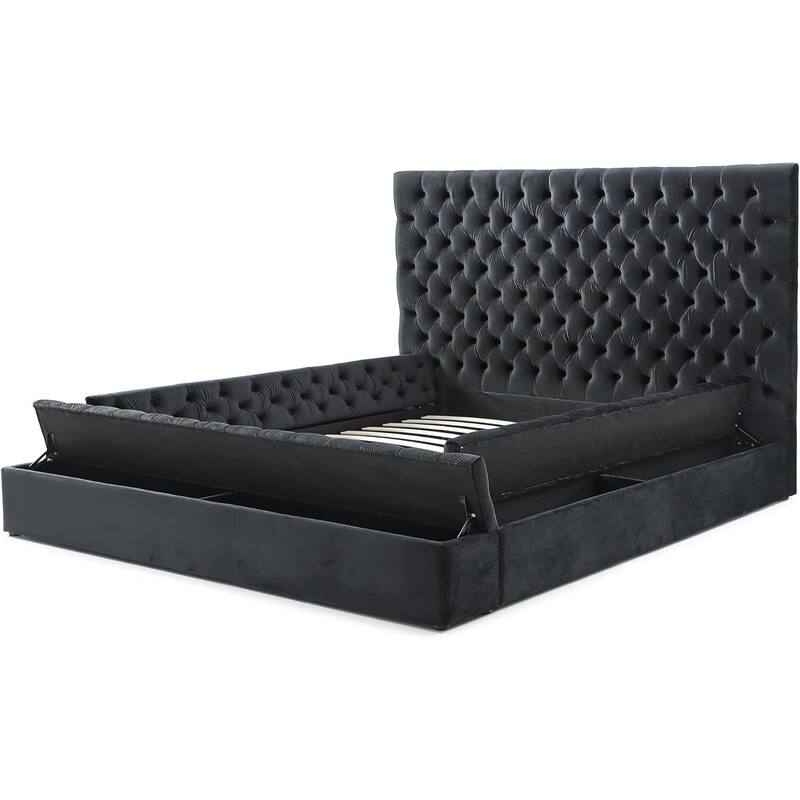 Velvet Tufted Bed with Storage & Headboard - Black Upholstered Platform Bed Frame - Sturdy Wood & Metal - 500lb Capacity