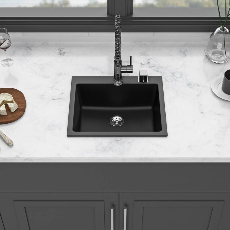Drop-In Single Bowl Quartz Kitchen Sink - 25'' x 22'' x 9.65'' - Black