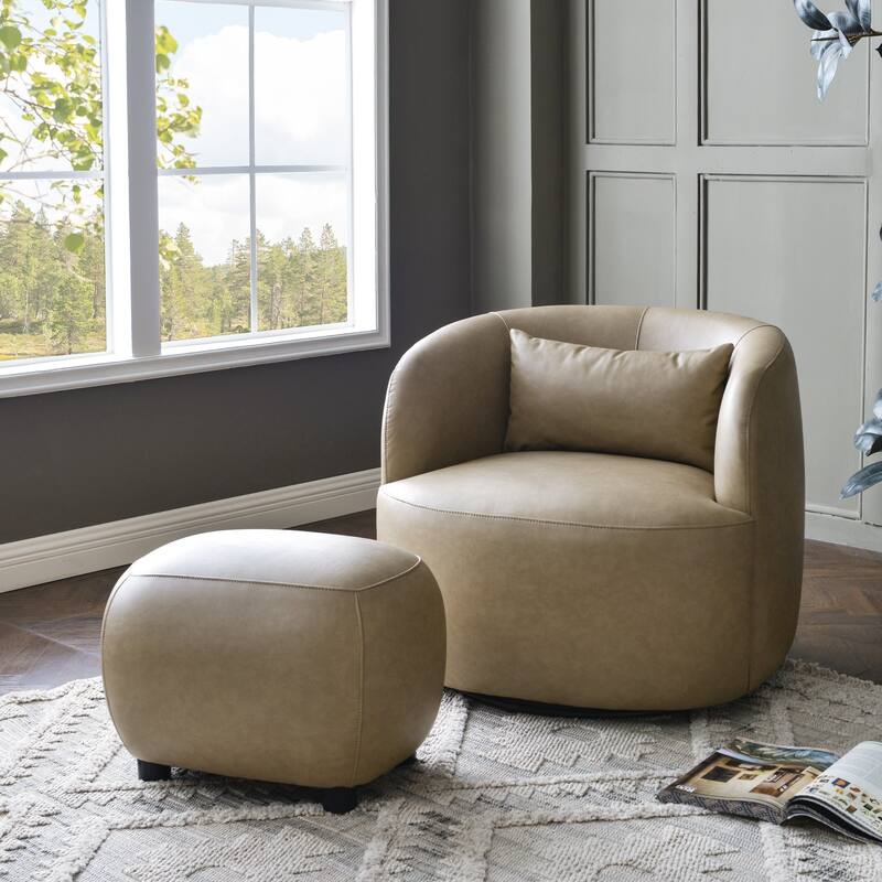 KINWELL 2-Piece Faux Leather Living Room Sets - 1 Swivel Accent Chair & 1 Ottoman Footrest - Khaki