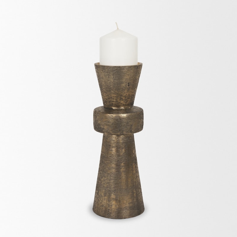 Odilia Large Textured Antiqued Gold Metal Geometric Pillar Candle Holder