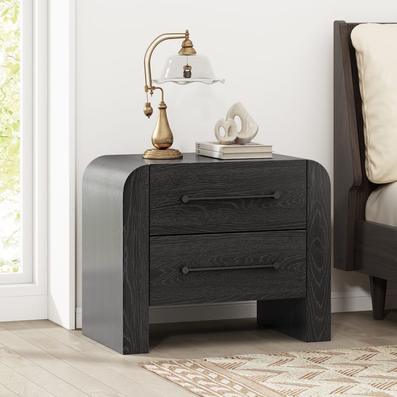 Christopher Knight Home - Mina Modern 2-Drawer Nightstand with Black Metal Handles - Black