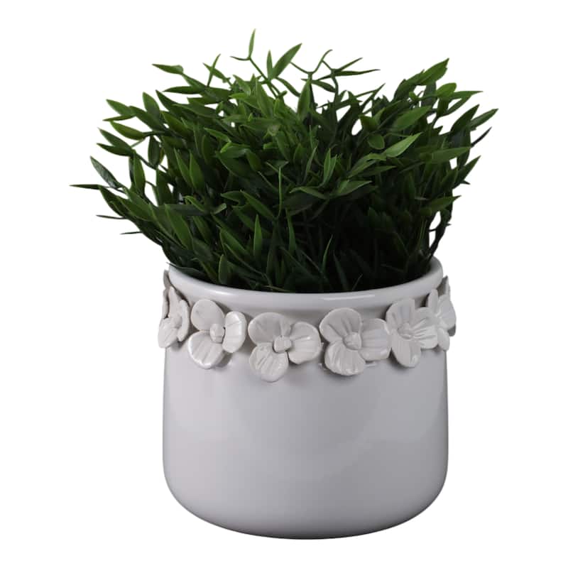 Ceramic Round Planter Sculpted Floral Rim Detail and Drainage Hole
