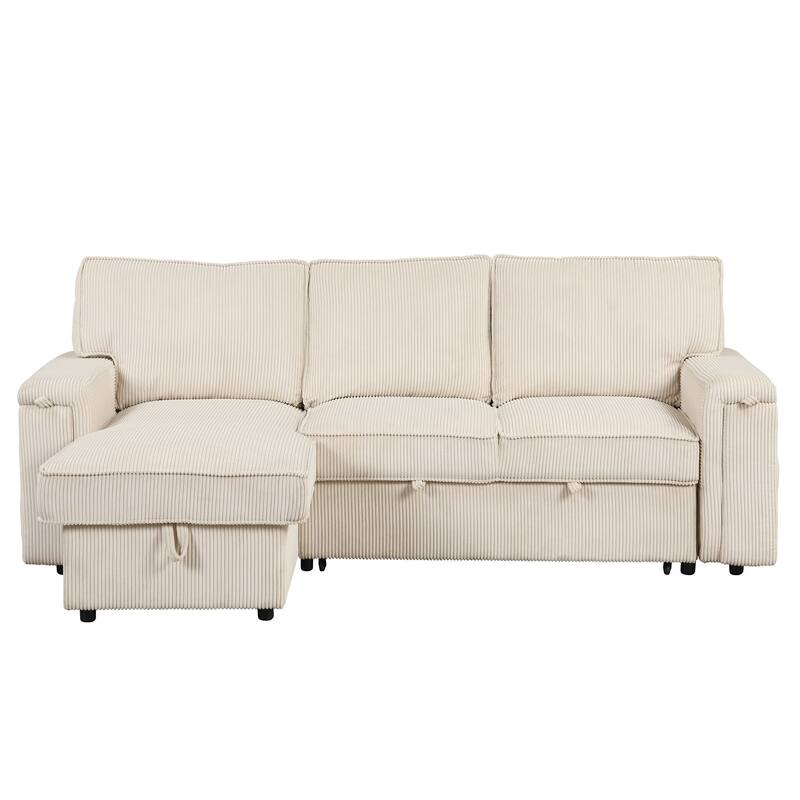 96.1" Polyester Sleeper Sectional Sofa with Storage Bags, Cup Holders and Fold-Out Twin Bed
