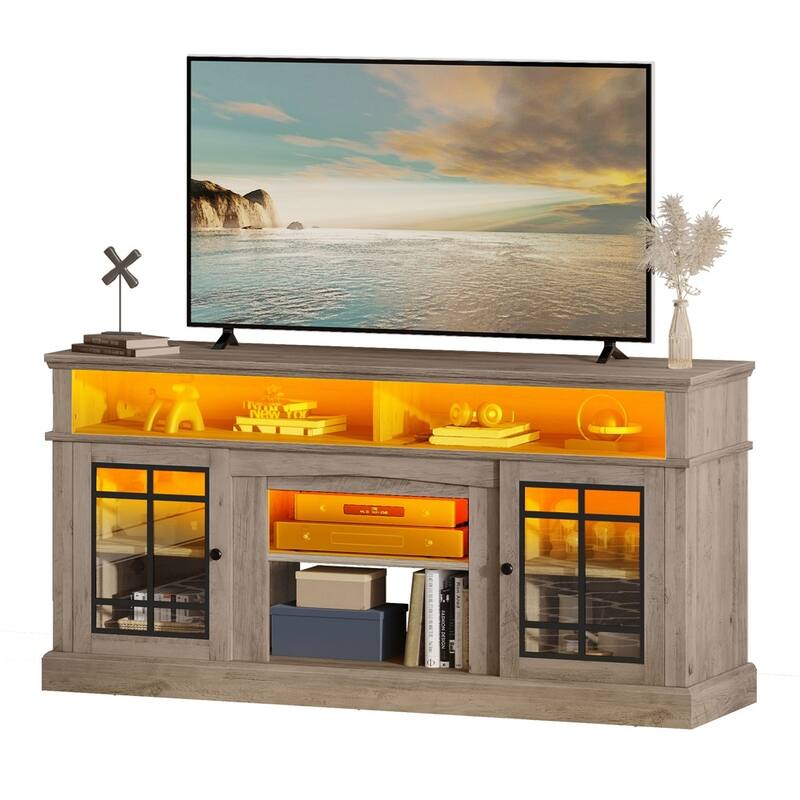 LED TV Stand for 75" TVs Glass Doors TV Media Console Table Grey - 65 inches