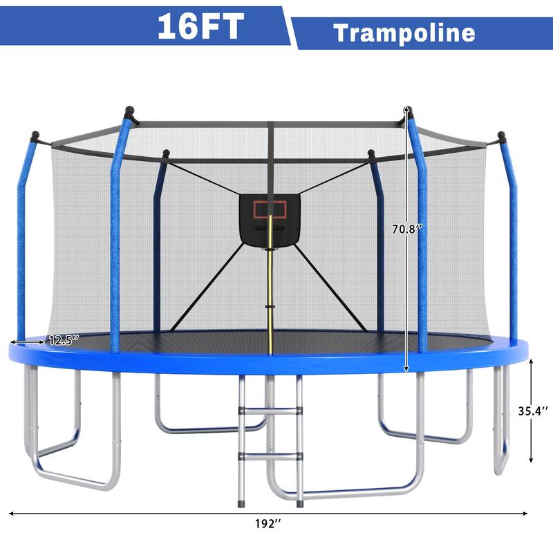 16FT Trampoline with Lights and Basketball Hoop, Outdoor Recreational 16" Trampoine for Kids and Adults