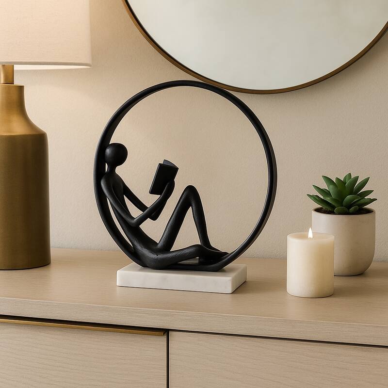 Metal Marble Sculpture Human Figure in Circular Frame - 11" Black - 9.75" x 4.75" x 11"