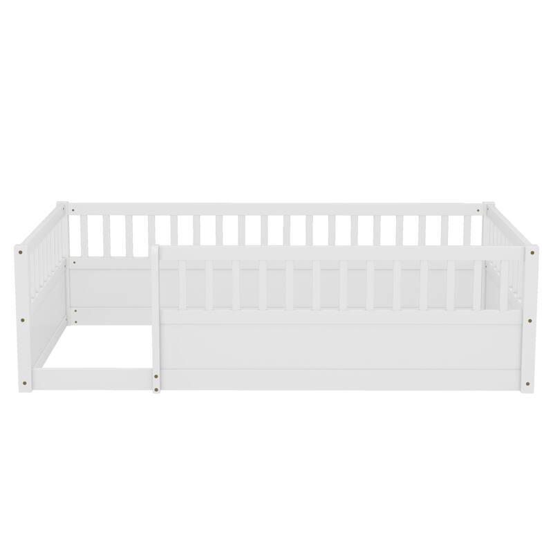 Roomfitters Wooden Twin Floor Bed Frame with Fence, Montessori Low Platform Design for Bedroom or Playroom