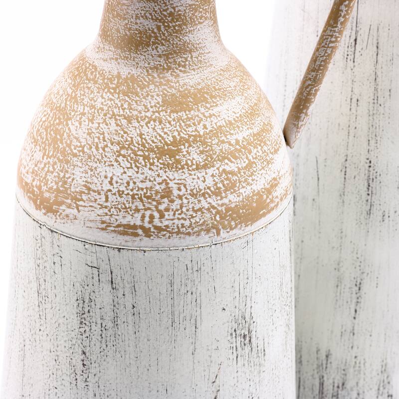 Distressed Off White and Rustic Brown Metal Pitcher Vase (Set of 2)