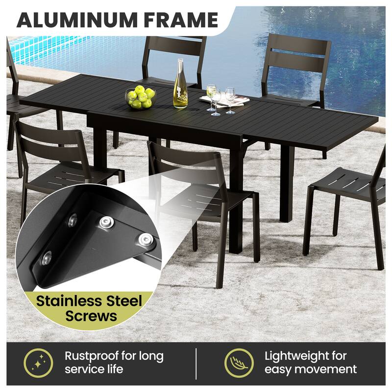 5/7/11-piece Set Outdoor Aluminum Extendable Patio Dining Table with Stackable Chairs