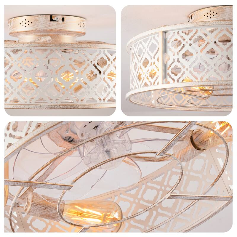 20 inch Flush Mount Ceiling Fan Light with Remote Caged Farmhouse Fandelier Black Wood Low Profile