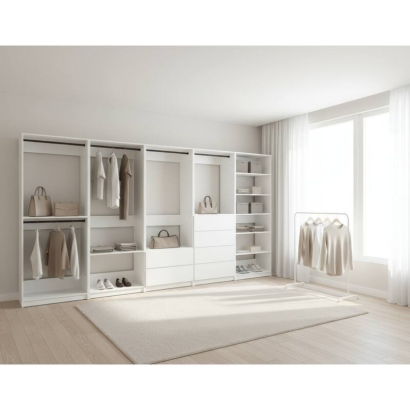 Prosper White Freestanding Walk in Wood Closet System - 157"W x 15.7"D x 83" H