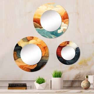 Designart "Dynamic Waves Vintage Illustration Orange Blue" Abstract Mirror Set Of 3 - Modern Mirror Set Wall Décor