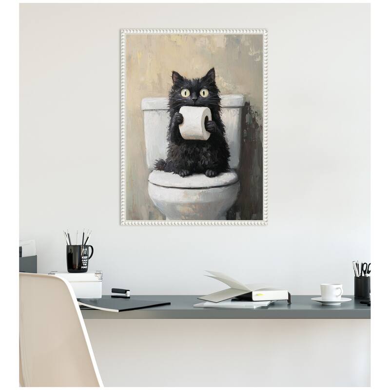 Kate and Laurel Sylvie Funny Black Cat Toilet Paper Roll Toilet Bathroom Art Framed Canvas by The Creative Bunch Studio