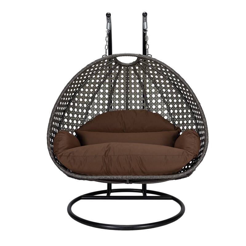 LeisureMod 2-Person Hanging Egg Swing Chair with Metal Stand - Handcrafted Charcoal Wicker, Patio Hammock Lounger with Cushions