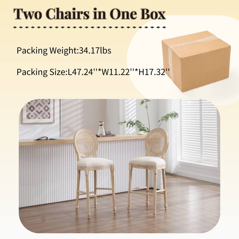 GDFStudio - Classic Louis French Country Upholstered Bar Height Dining Chairs Set with Rattan Backrest, Set of 2