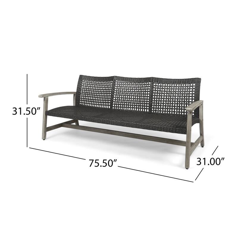 Outdoor Acacia Wood Wicker 3 Seater Sofa, Patio Furniture Conversation Set for Backyard