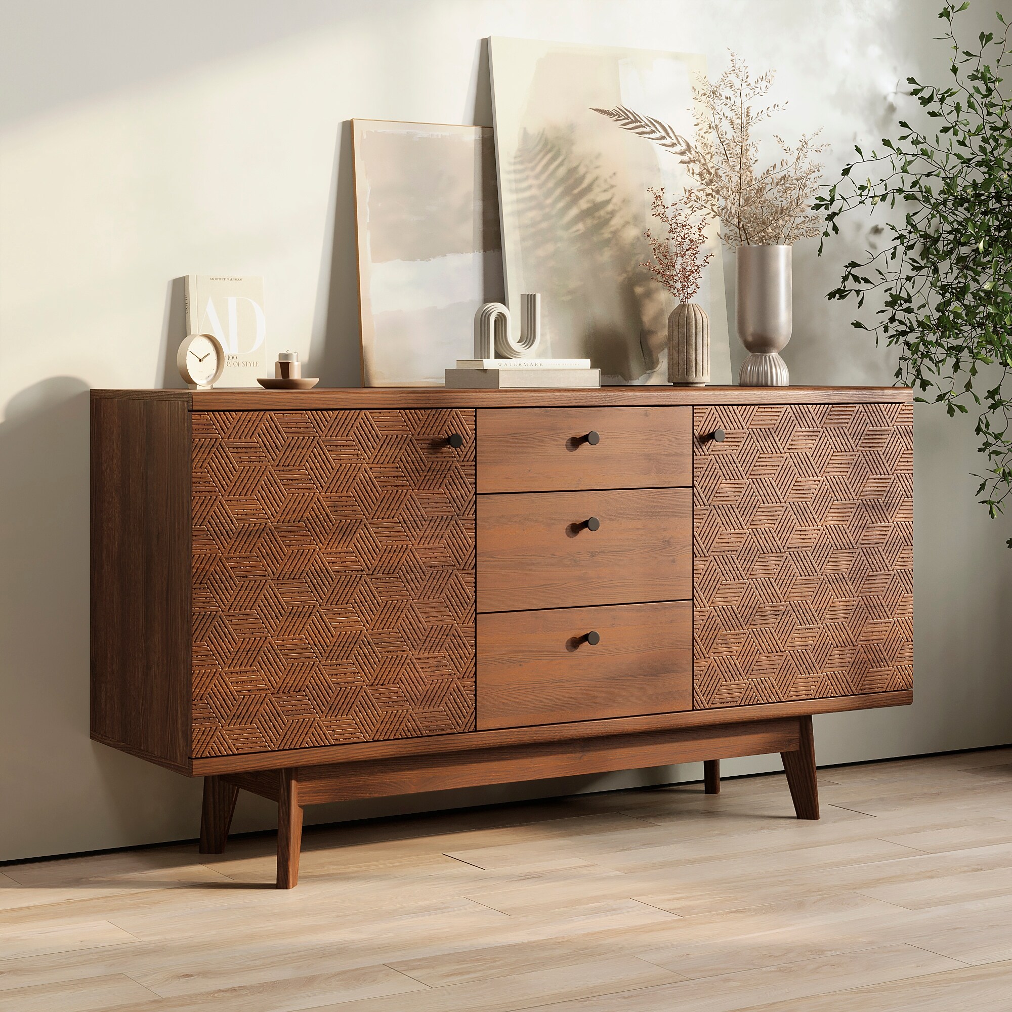 White scandinavian buffet sideboard with solid store oak wood legs
