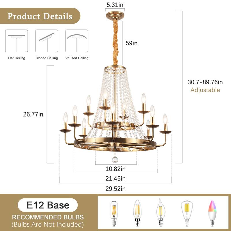 12-Light 29.52-inch Crystal Round Wagon Wheel Chandelier for Dining Room