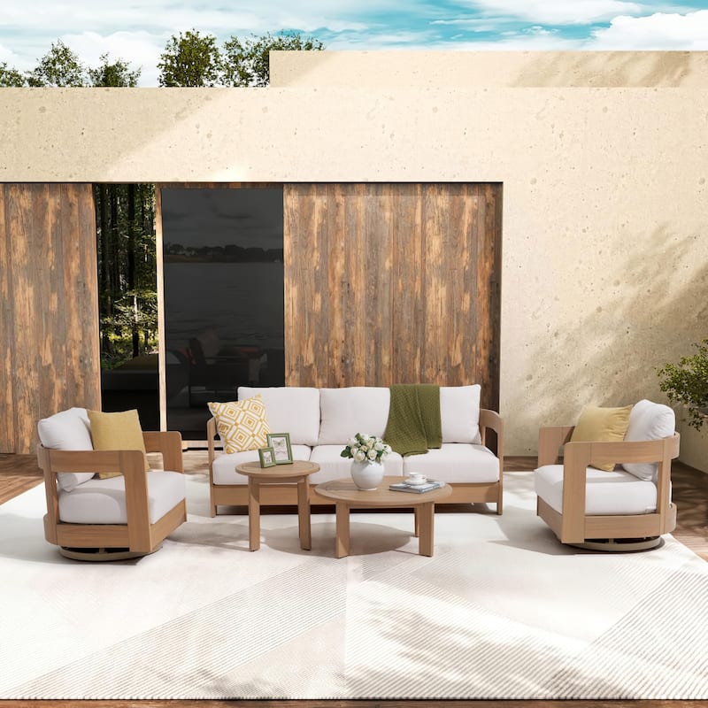 Outdoor 5-Piece Conversation Set Sofa and Swivel Chair with Coffee Table in Eucalyptus Wood