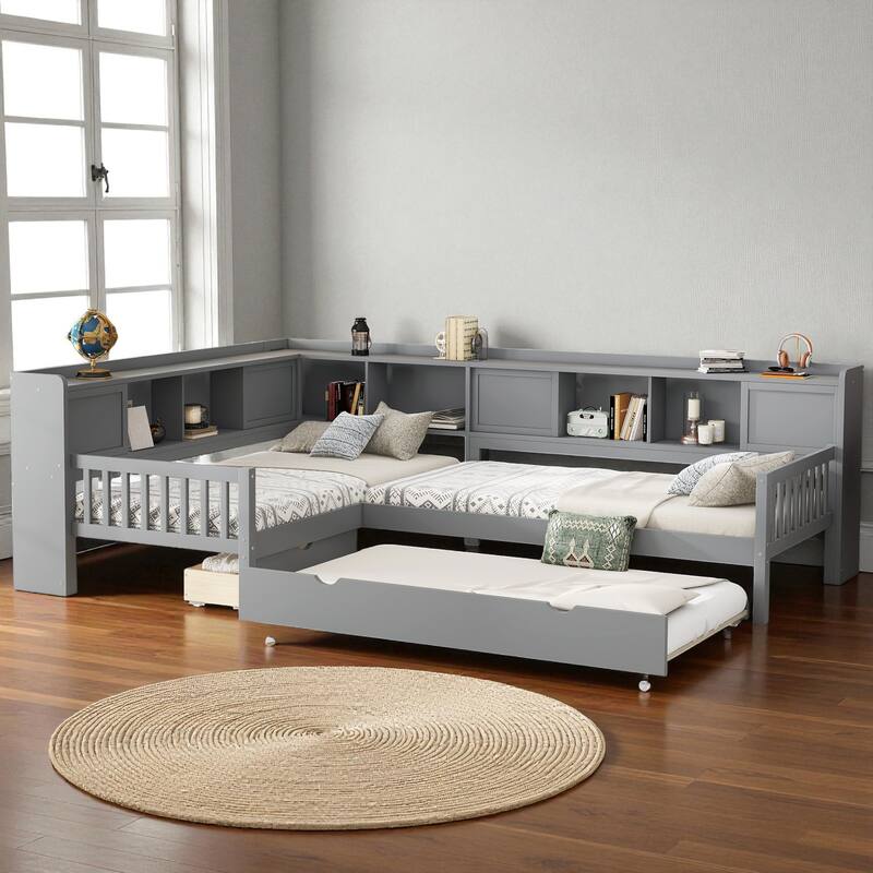 L-Shaped Twin Platform Bed with Trundle, Solid Wood Corner Bed Frame with Drawers and Shelves, No Box Spring Needed