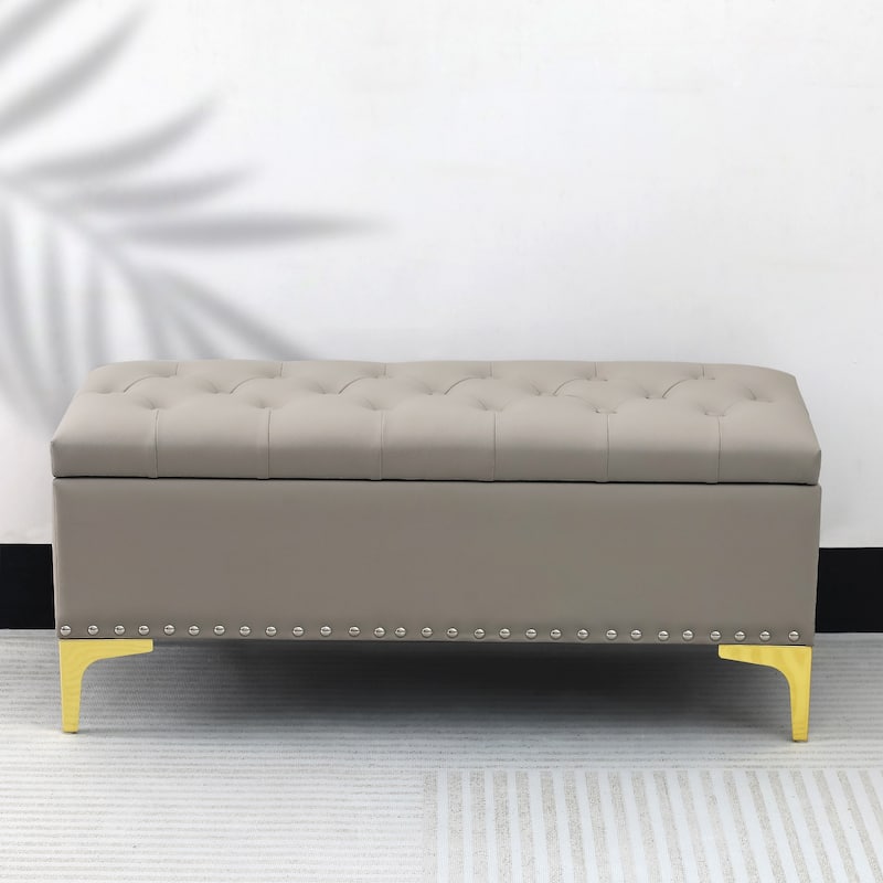 Adeco Rectangle Storage Ottoman 38" Button Tufted Long Bench with Metal Legs