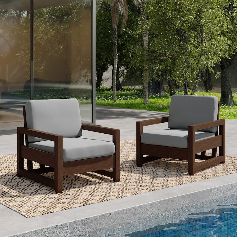 Patio Teak Wood Outdoor Arm Chair with Cushion - Dark Wood - Light Grey-Set of 2 Armchair