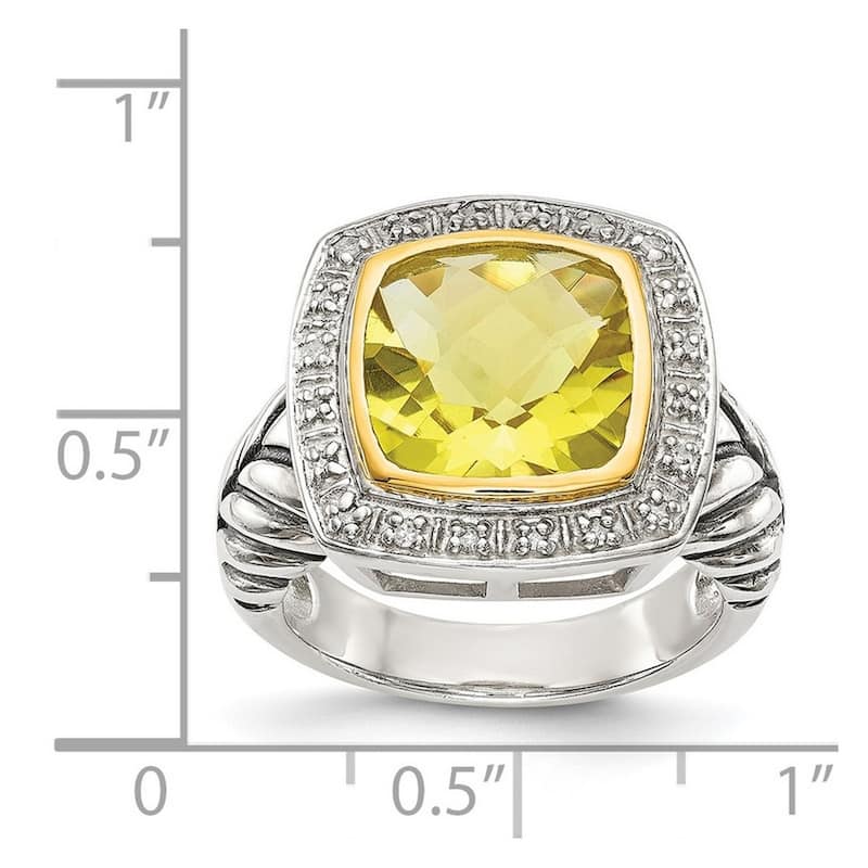 Curata 925 Sterling Silver Polished Open back 14k Diamond Lemon Quartz Ring