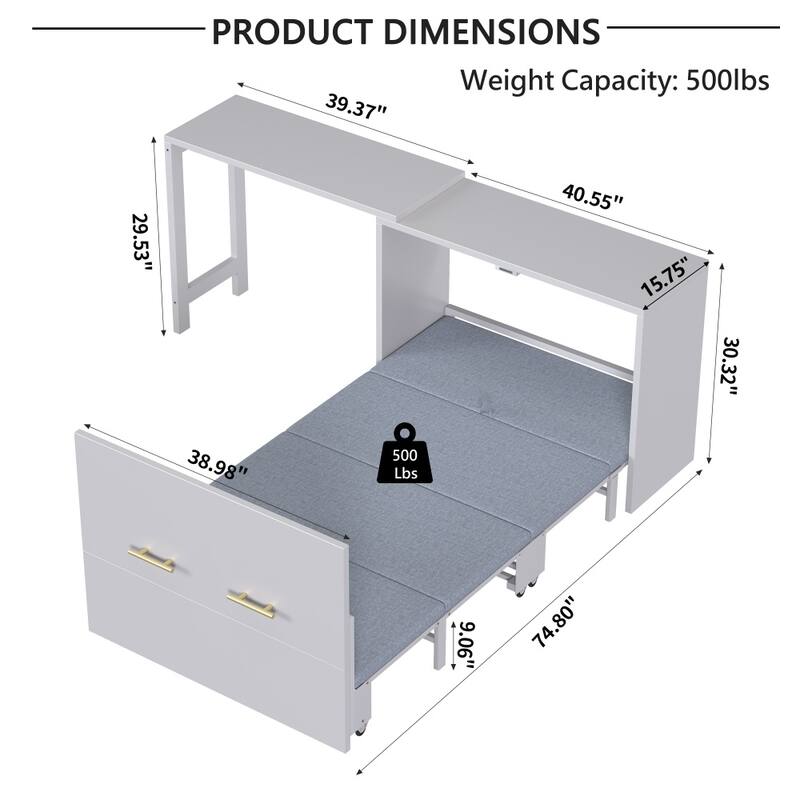 79.92" Elegant Twin Size Murphy Chest Dresser Bed with Adjustable Desk and Foldable Cushion