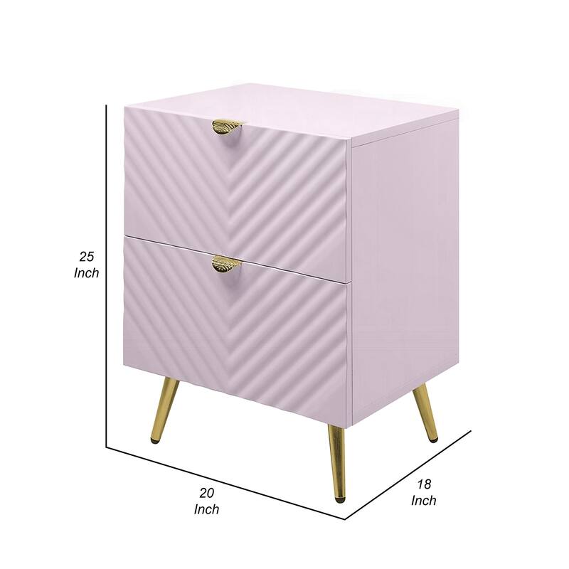Tyra Nightstand, Geometric 2 Drawers, Gold Metal, 25 Inch Pink Wood