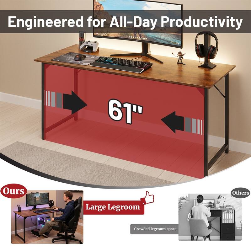 Computer Desk, 40-63 Inch Home Office Desk, Gaming Writing Work from Home Study Desk, Large Legroom, Sturdy Metal Frame