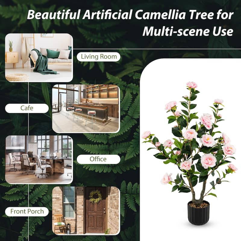 Set of 2 Faux Pink Camellia Plant with Silk Flowers and Rubberized Leaves Include Cement Base for Home Decor - 38"H
