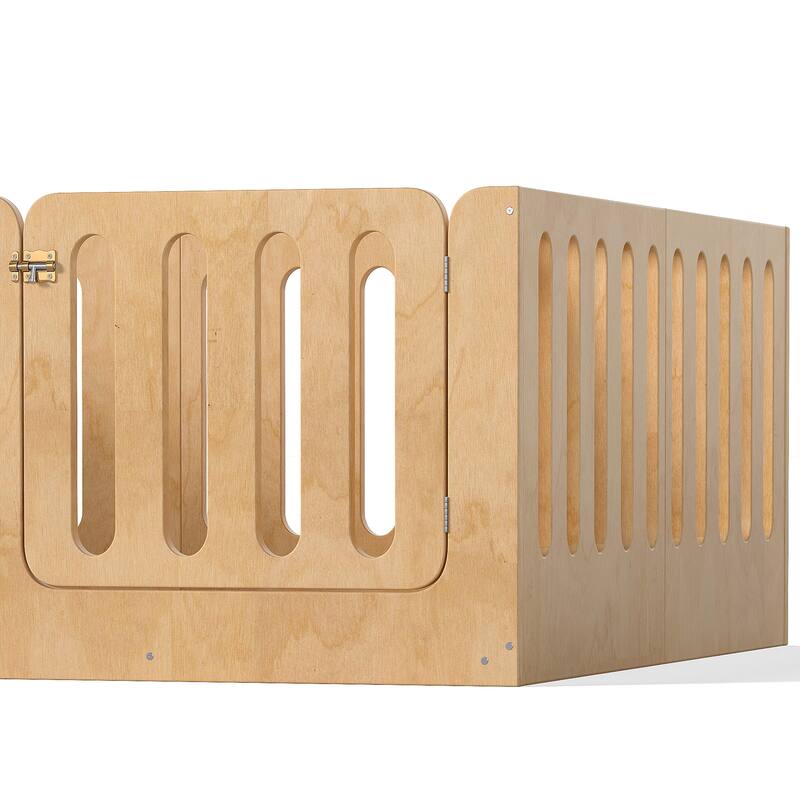Queen Size Floor Bed with High Fence for Kids, Solid Wood Kids Montessori Bed with Door, No Box Spring Needed Design