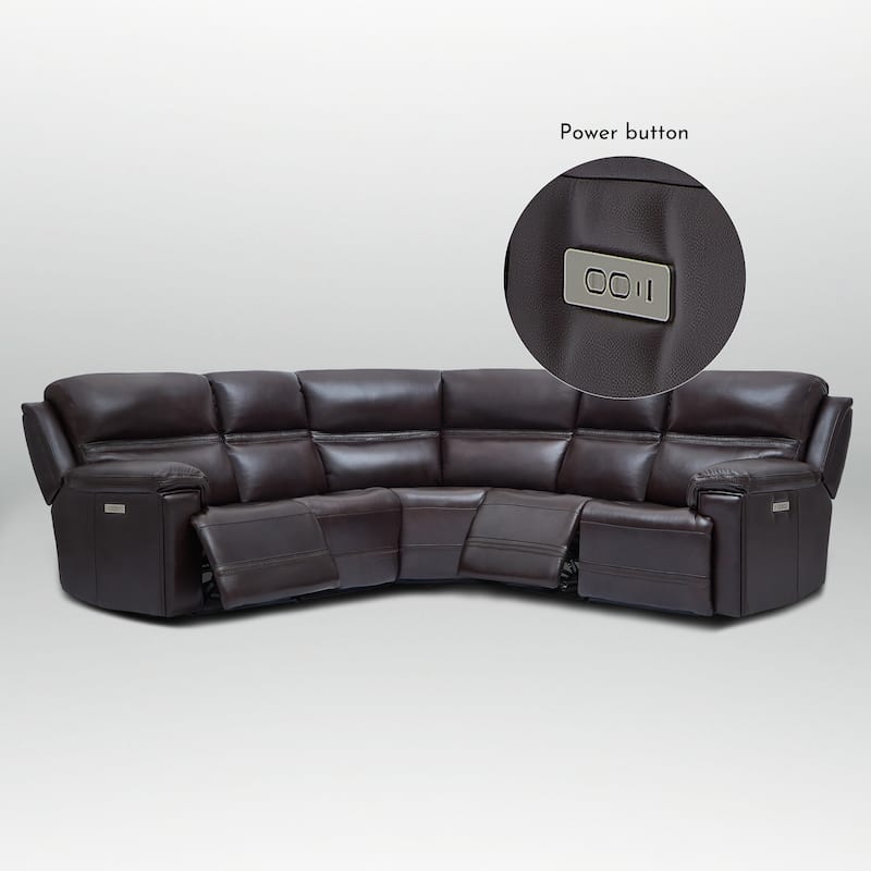 5PCS, 3 power Recliners, Dual-Power Genuine Leather Reclining Sectional with Adjustable Headrest
