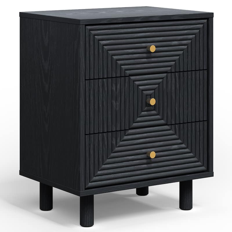 Black 3-Drawer Nightstand with Solid Wood Legs - Black