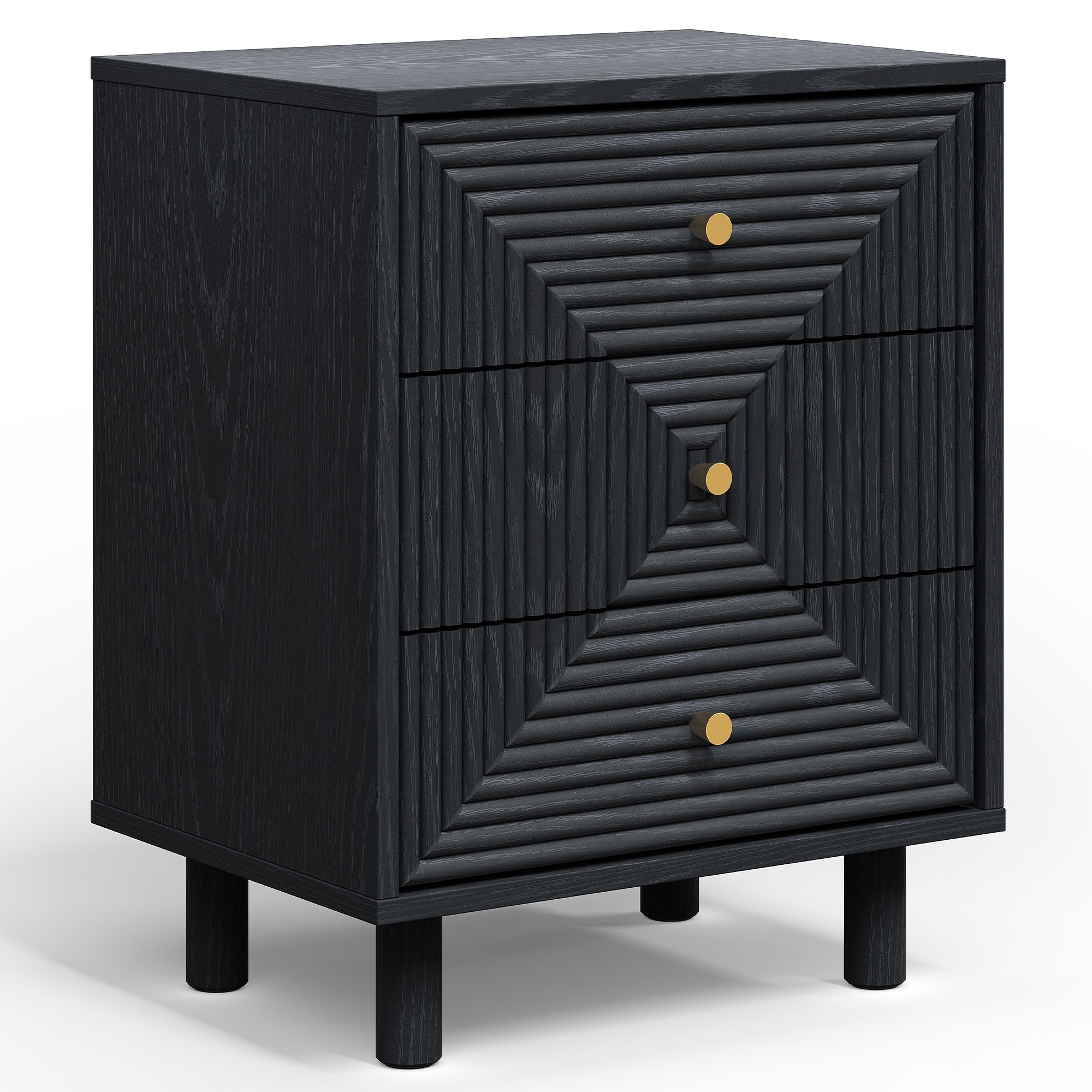 Black 3-Drawer Nightstand with Solid Wood Legs