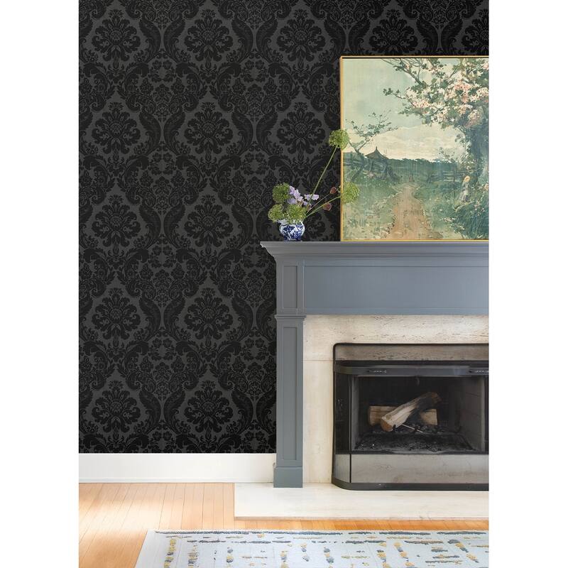 A-Street Prints Shadow Black Flocked Damask Wallpaper