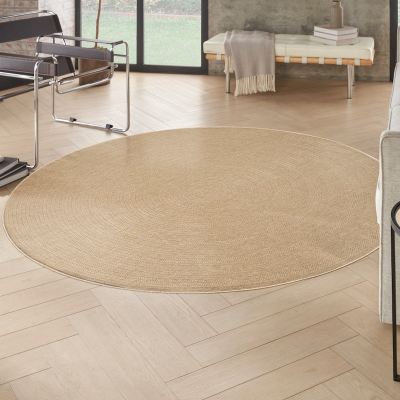 Nourison Tulum Indoor/Outdoor Geometric Area Rug - 8' x Round - Taupe/Ivory