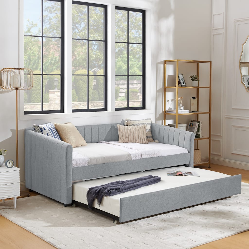 Twin Size Daybed with Trundle Upholstered Sofa Bed, with Vertical Stripes, Linen Fabric, Grey (82.5"x43"x30")