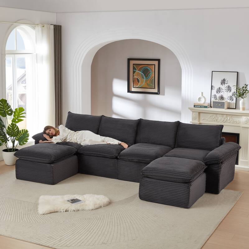 U-Shaped Sectional Sofa with 2 Ottomans, Oversized Corduroy Upholstered Cloud Sofa, Corner 6 Seater Sofa with Pillows